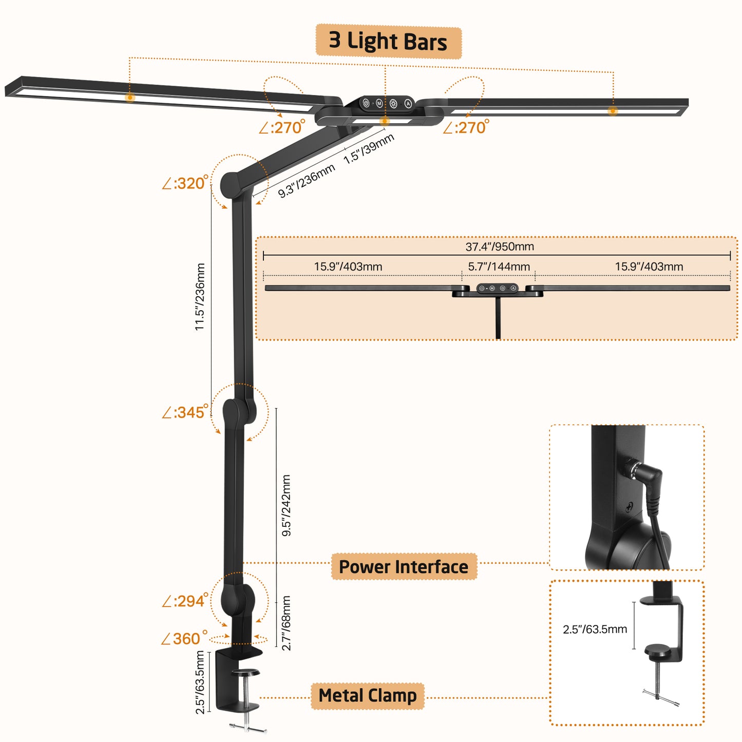 Lovitgo Desk Lamp with Clamp, Auto-Dimming Eye-Caring LED Light 24W, 37.4" Long, Memory Function for Home Office, Desk and Computer Task Lamp, Adjustable Light for Reading, DIY, Drafting, Working