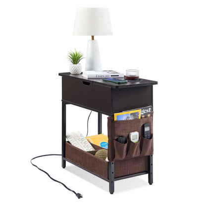 Lovitgo End Table with Power Outlet, Small Side Table with USB Ports & Fast Charging, Flip Top Nightstand with 2 Cup Holders & Fabric Drawer, Fabric Bag for Small Spaces,Living Room,Bedroom