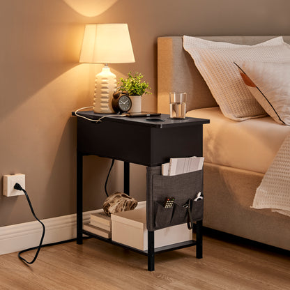 Lovitgo End Table with Charging Station, Narrow Sofa Side Table with USB Ports & Fast Charging，Flip Top End Table with Cup Holder & Fabric Drawer/Bag for Small Spaces,Living Room,Bedroom