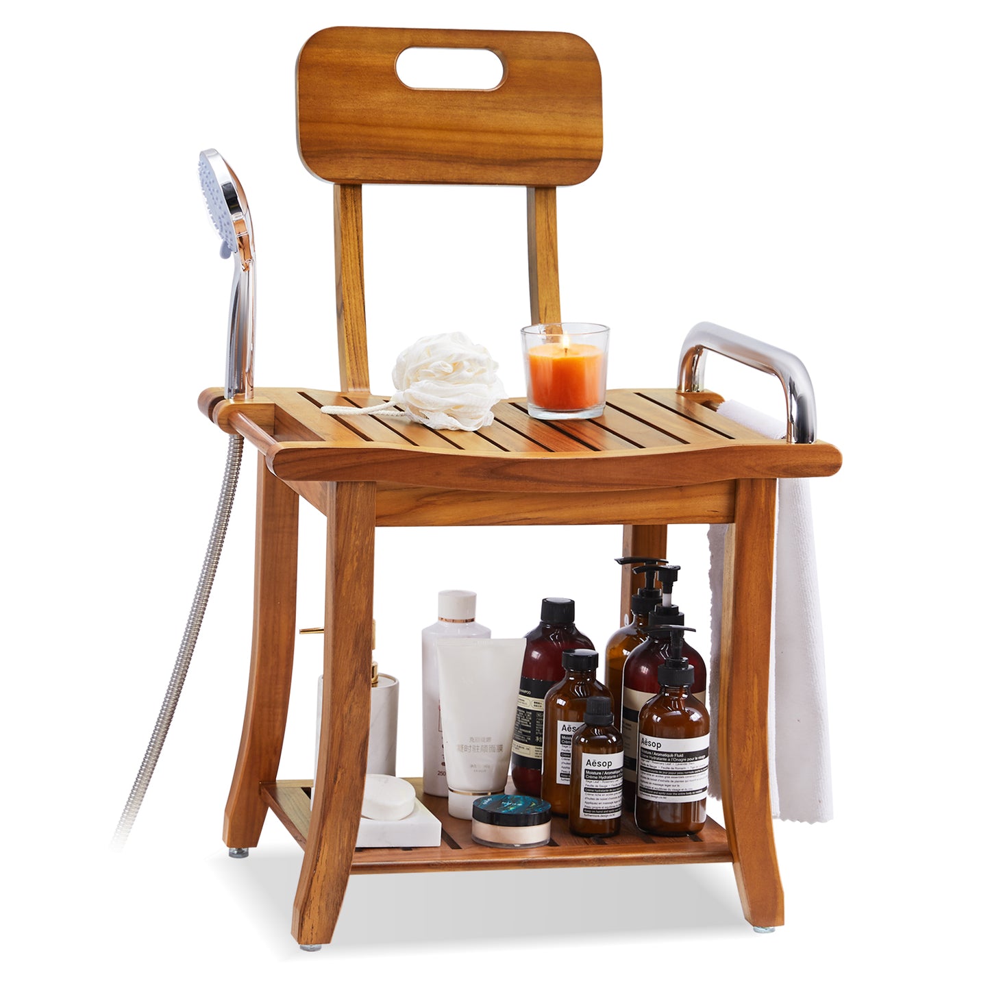 Lovitgo 19'' Teak Shower Bench with Handle & Backrest, 2-Tier Teak Shower Stool for Shaving Legs, Wood Teak Shower Seat for Senior Elderly Waterproof Heavy Duty, Wood Shower Seat for Inside Shower