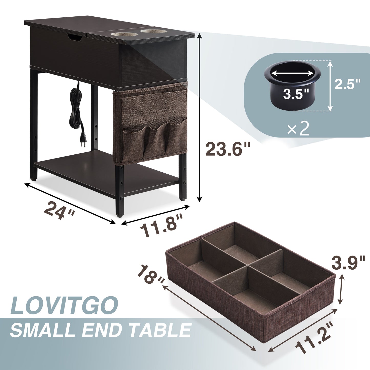 Lovitgo End Table with Power Outlet, Small Side Table with USB Ports & Fast Charging, Flip Top Nightstand with 2 Cup Holders & Fabric Drawer, Fabric Bag for Small Spaces,Living Room,Bedroom