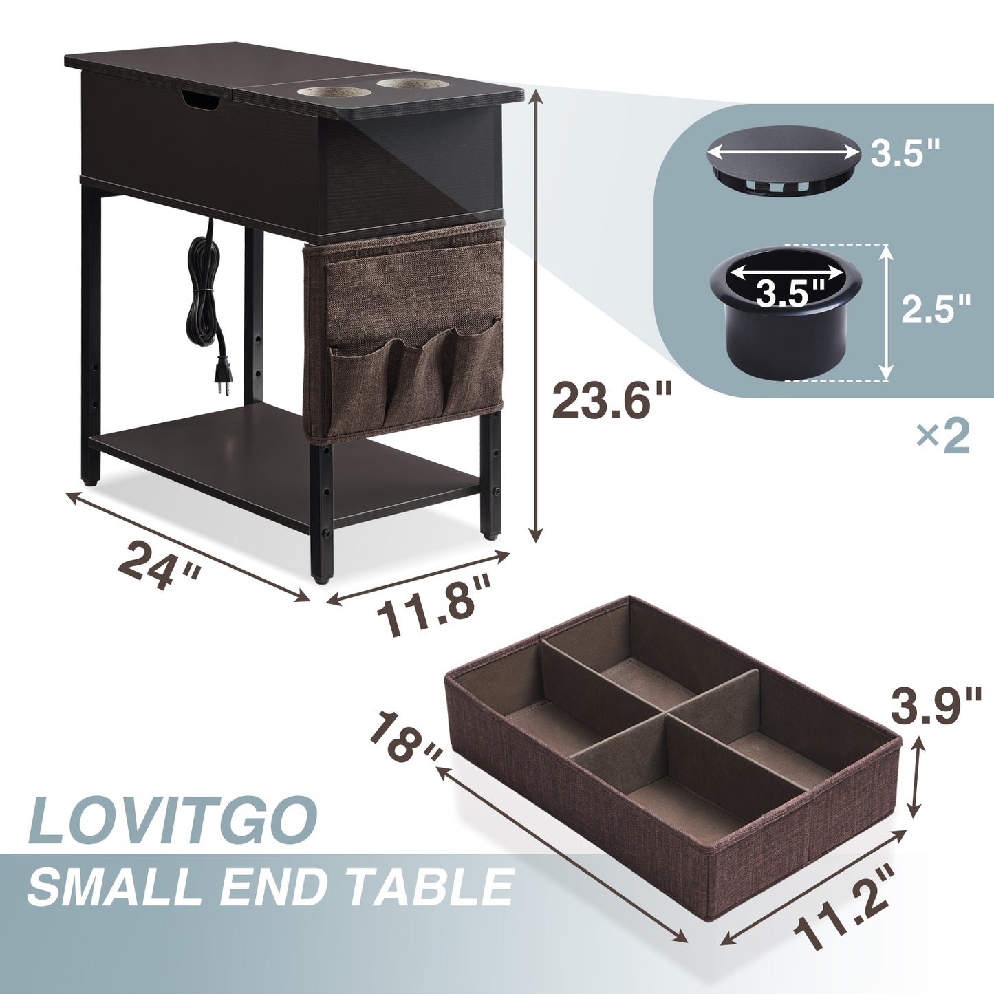 Lovitgo End Table with Power Outlet, Small Side Table with USB Ports & Fast Charging, Flip Top Nightstand with 2 Cup Holders & Fabric Drawer, Fabric Bag for Small Spaces,Living Room,Bedroom