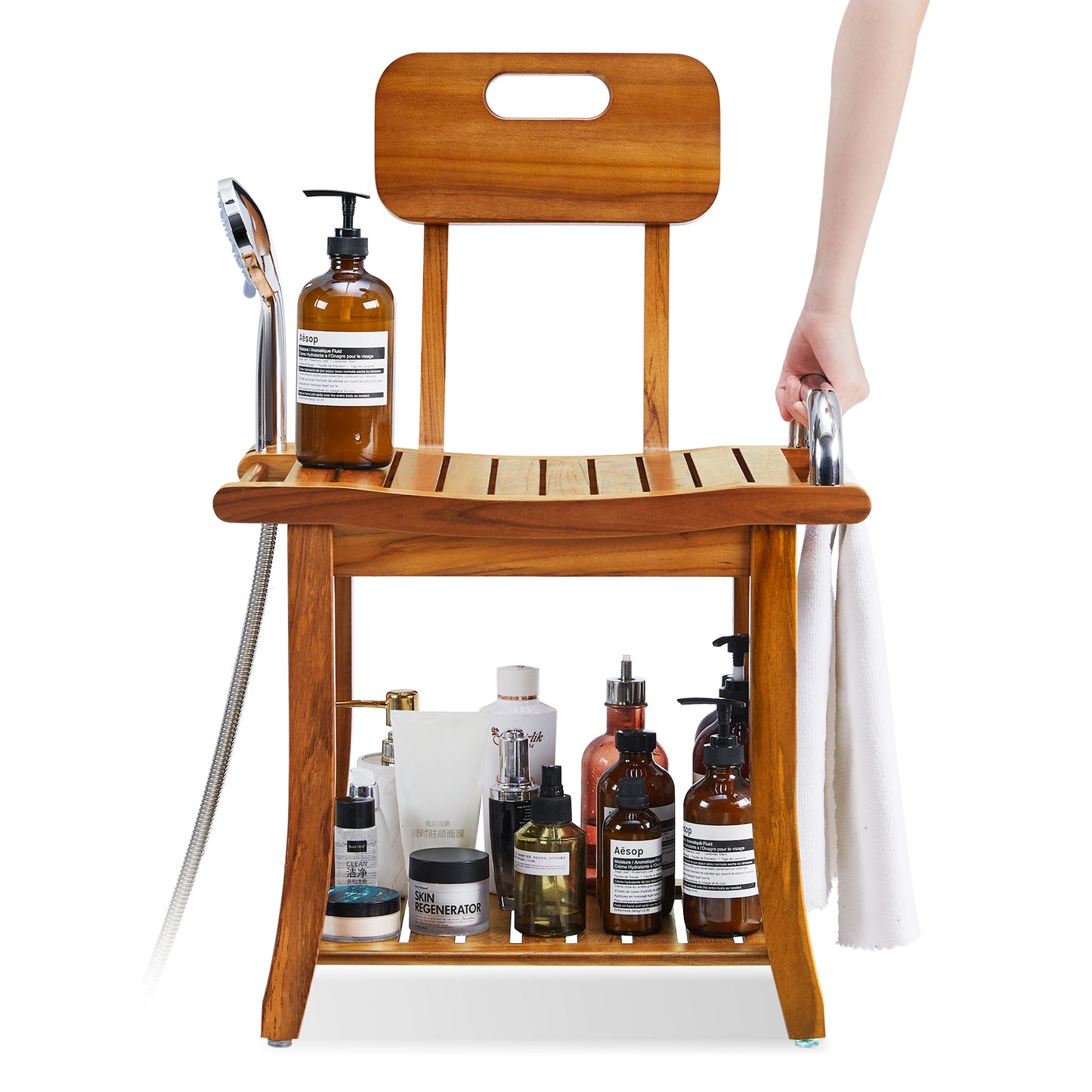 Lovitgo 19'' Teak Shower Bench with Handle & Backrest, 2-Tier Teak Shower Stool for Shaving Legs, Wood Teak Shower Seat for Senior Elderly Waterproof Heavy Duty, Wood Shower Seat for Inside Shower