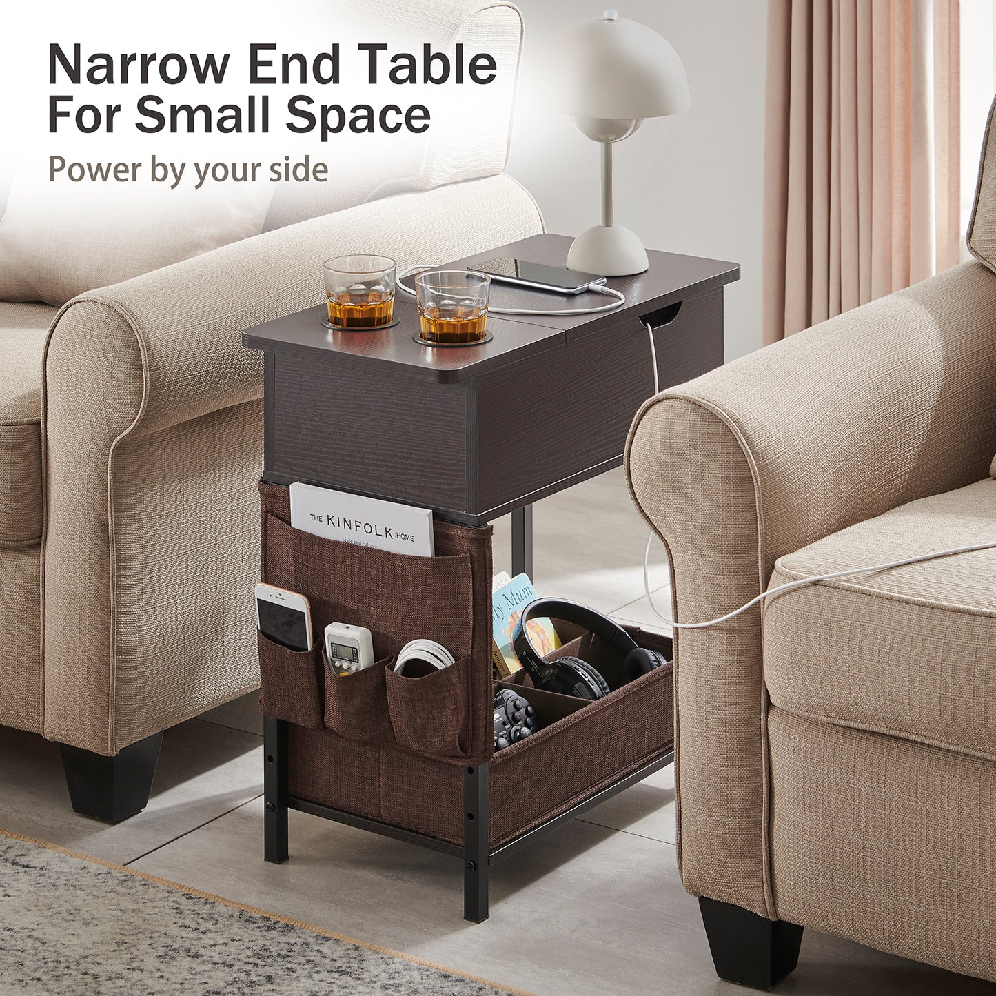 Lovitgo End Table with Charging Station, Narrow Sofa Side Table with USB Ports & Fast Charging，Flip Top End Table with Cup Holder & Fabric Drawer/Bag for Small Spaces,Living Room,Bedroom