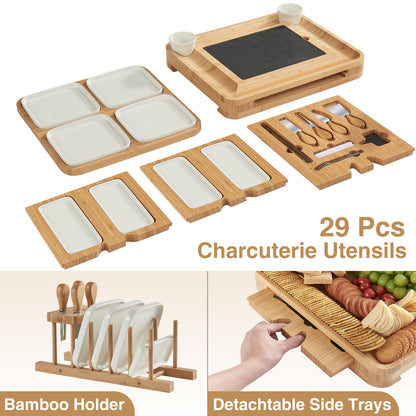 Lovitgo Charcuterie Board Gift Set, 29 PCS Bamboo Cheese Board Serving Trays with Slate Cheese Board, 8 Ceramic Plate, Unique Newlywed Gifts, Housewarming Gift, Bridal Shower Gift