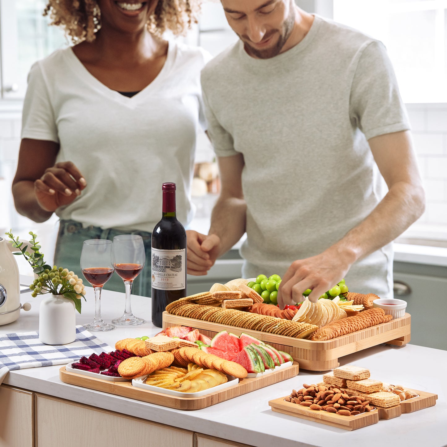 Lovitgo Charcuterie Board Gift Set, 29 PCS Bamboo Cheese Board Serving Trays with Slate Cheese Board, 8 Ceramic Plate, Unique Newlywed Gifts, Housewarming Gift, Bridal Shower Gift