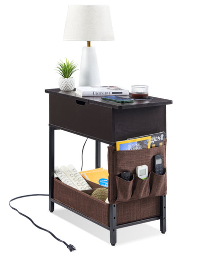 Lovitgo End Table with Power Outlet, Small Side Table with USB Ports & Fast Charging, Flip Top Nightstand with 2 Cup Holders & Fabric Drawer, Fabric Bag for Small Spaces,Living Room,Bedroom