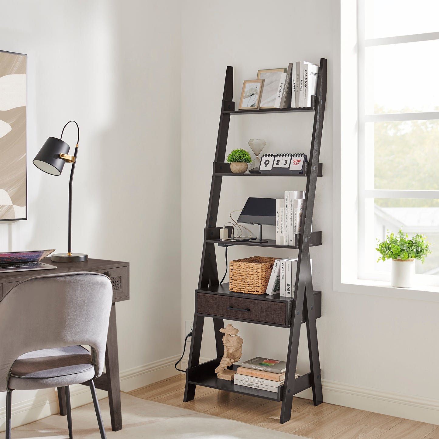 Lovitgo Ladder Shelf, 5 Tier Ladder Bookshelf with Power Outlet, USB Port, Fast Charging and Drawer, Wood Ladder Shelves for Living Room, Home Office, Kitchen, Bedroom, Industrial Style, Espresso