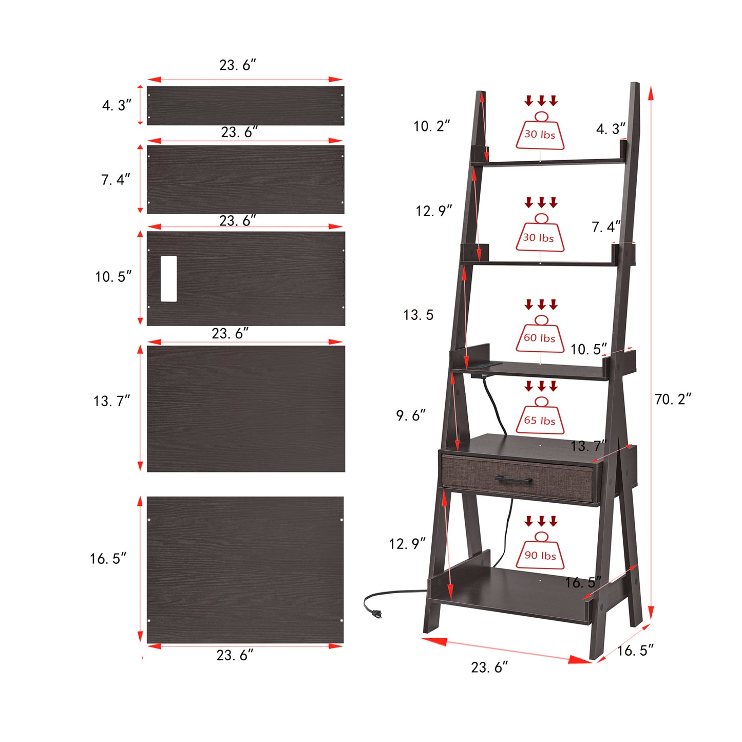 Lovitgo Ladder Shelf, 5 Tier Ladder Bookshelf with Power Outlet, USB Port, Fast Charging and Drawer, Wood Ladder Shelves for Living Room, Home Office, Kitchen, Bedroom, Industrial Style, Espresso