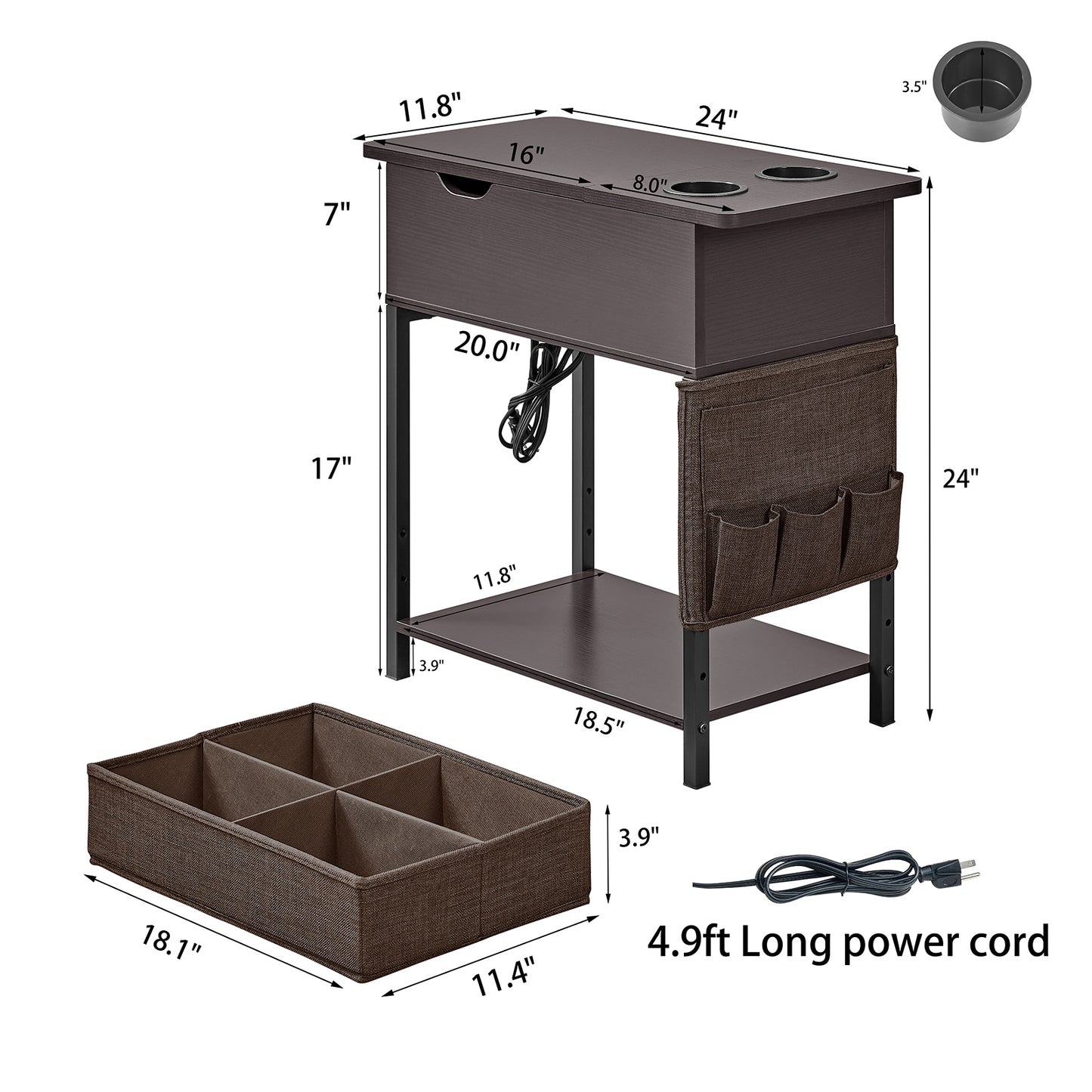 Lovitgo End Table with Charging Station, Narrow Sofa Side Table with USB Ports & Fast Charging，Flip Top End Table with Cup Holder & Fabric Drawer/Bag for Small Spaces,Living Room,Bedroom